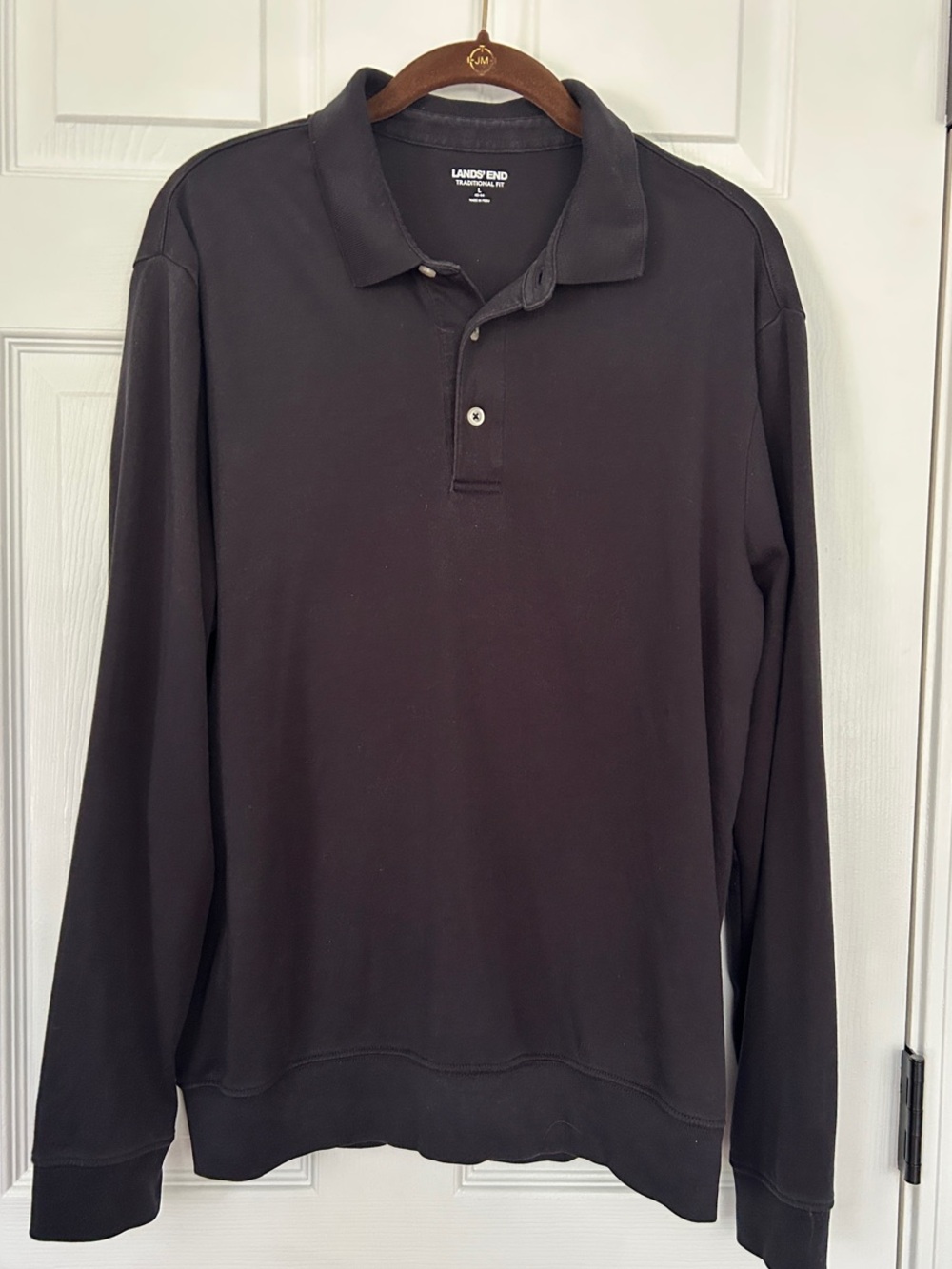 Lands' End Men's Black Long-Sleeve Polo Banded Hem Size Large